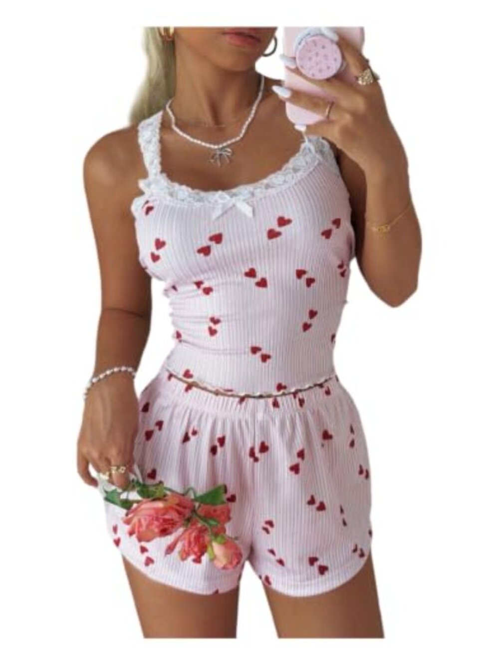 Women's Heart Print Pajama Set Lace Trim Camisole Crop Top & Shorts Sleepwear
